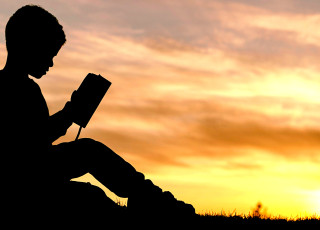 A silhouette of a boy reading a book against a sunset. 