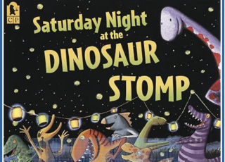 Cartoon dinosaurs dancing under the stars.
